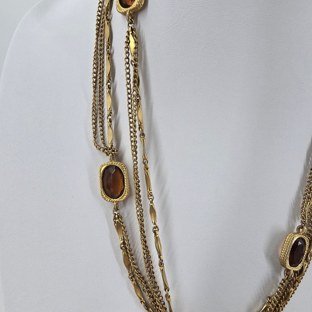 Sarah Coventry Vintage Necklace Gold Tone Multi Strand Amber Glass Stone - Picture 8 of 10